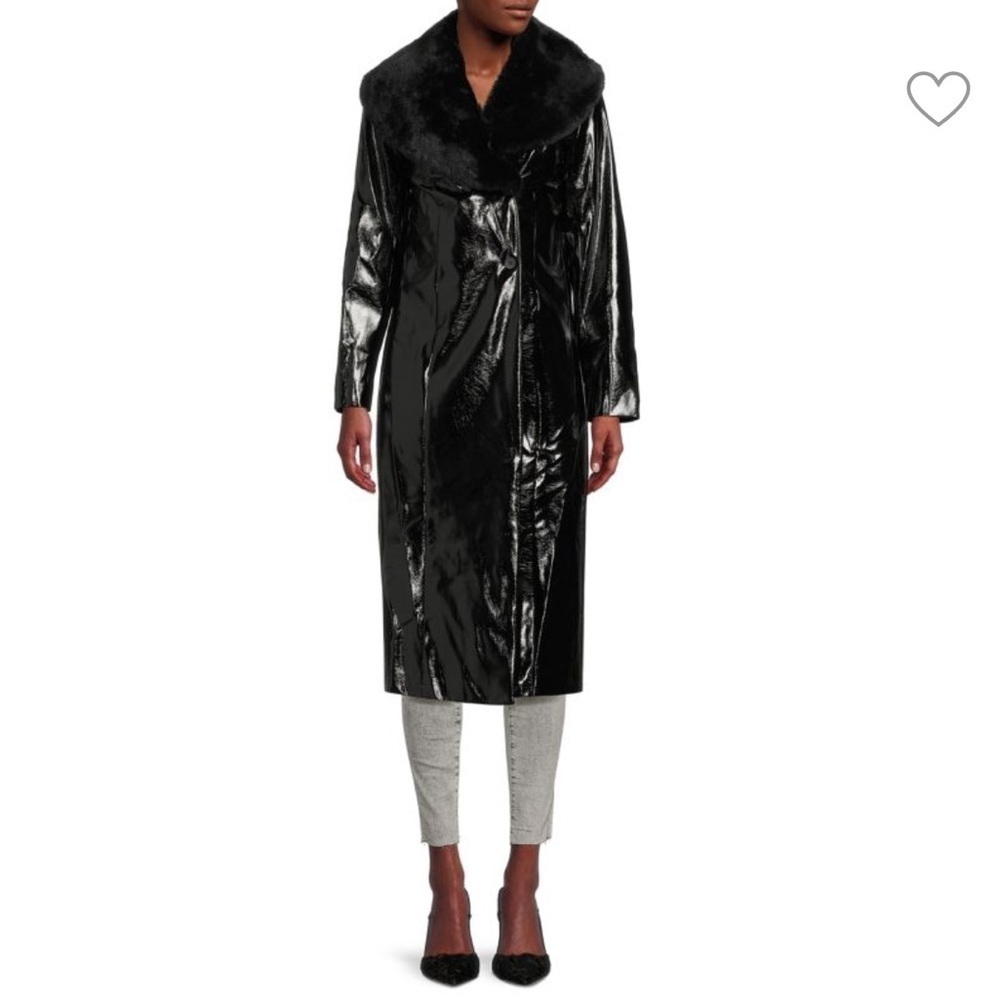 NWT Area Stars Stella Faux Fur & Vinyl Trench Coat in Black